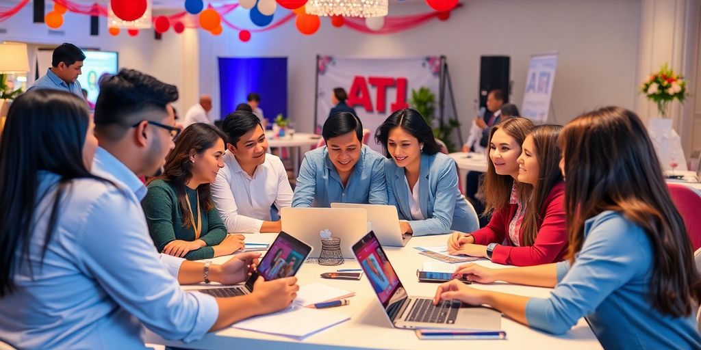 Group of event planners collaborating with technology at a table.
