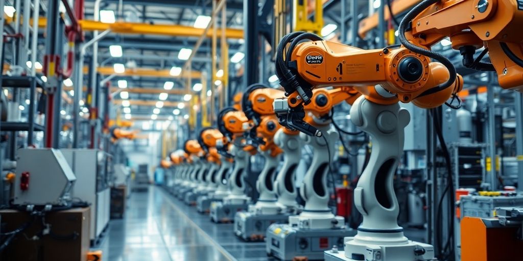 Factory floor with advanced AI machinery and robotic arms.