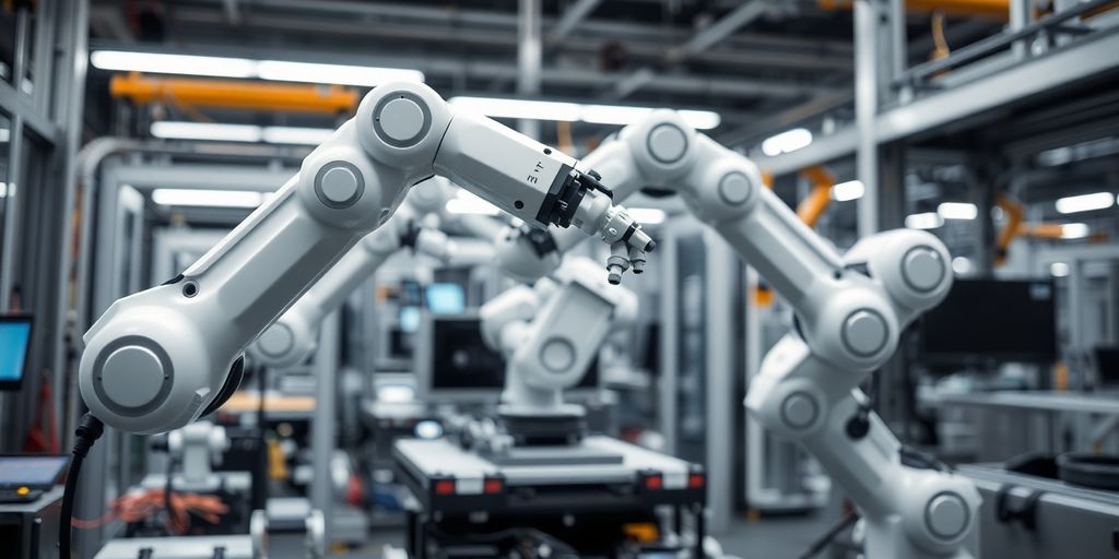 Robotic arms in a manufacturing environment with automation.
