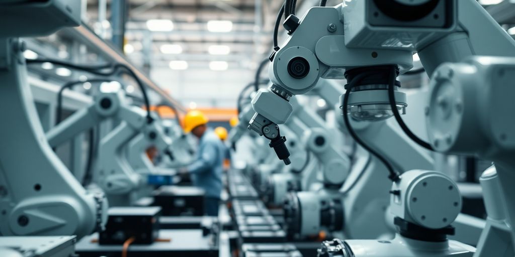 Modern manufacturing with robots and workers collaborating.