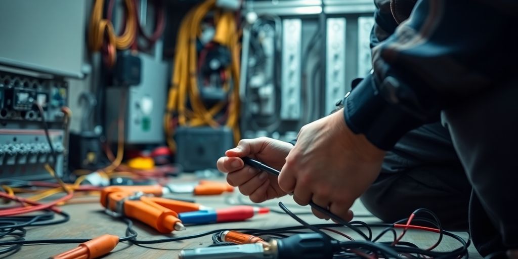 Electrician working on electrical wires in a workshop.