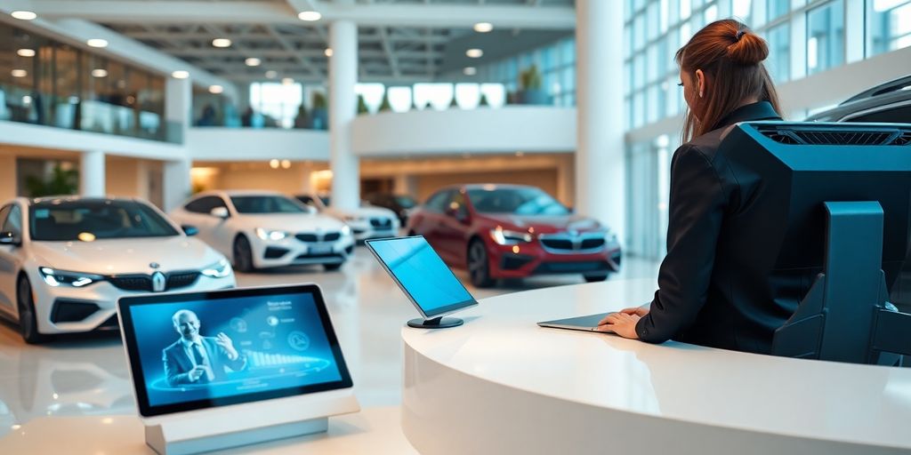AI receptionist in a car dealership interior.