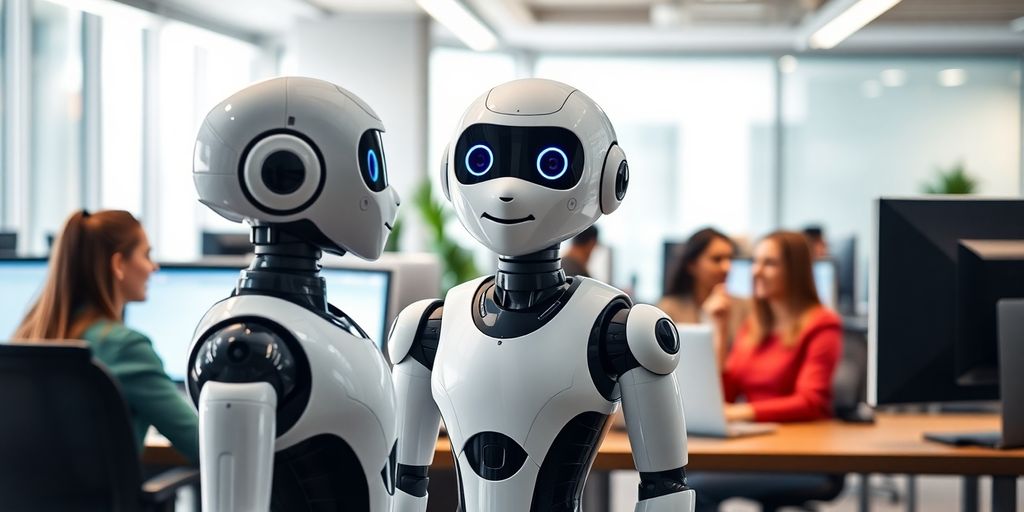 AI robot receptionist in a modern office environment.