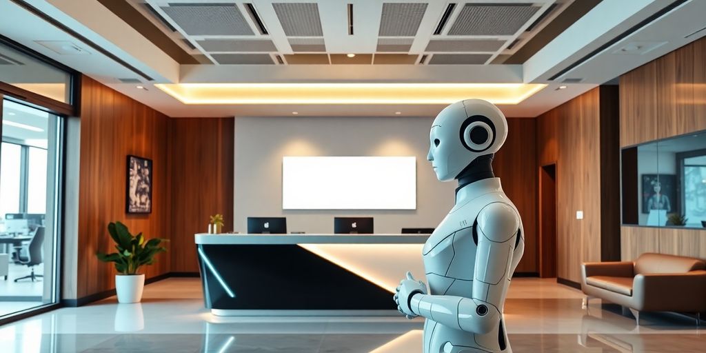Modern AI receptionist in a stylish office setting.