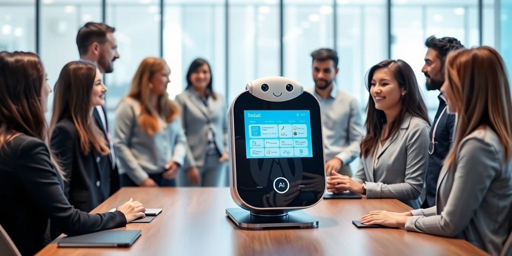 AI receptionist in a modern IT office with professionals.
