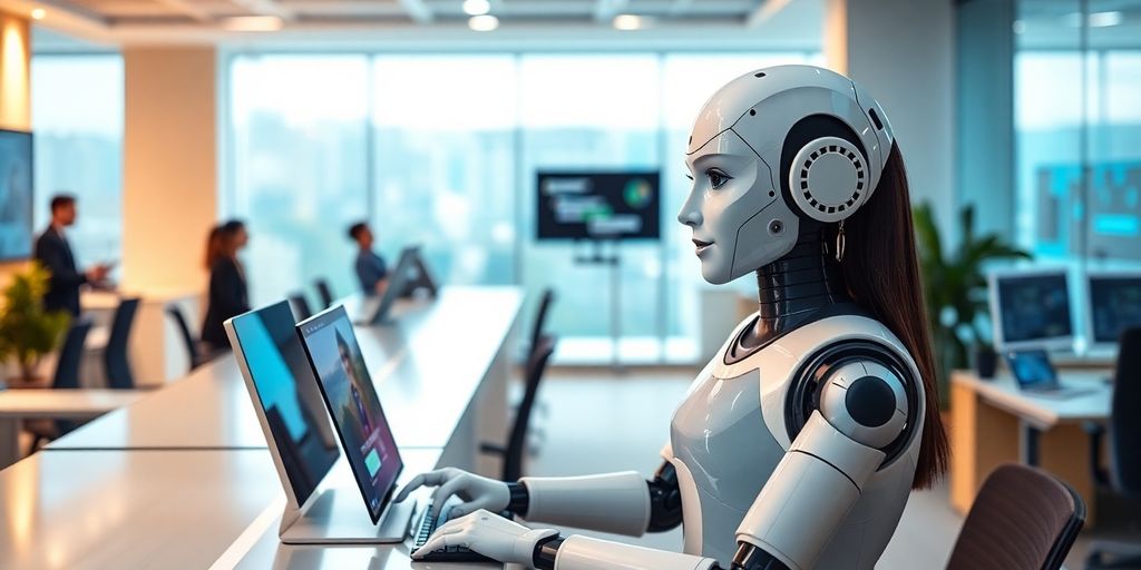 AI receptionist in a modern IT office setting.