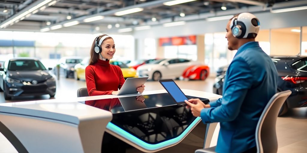 AI receptionist interacting with a customer in a dealership.