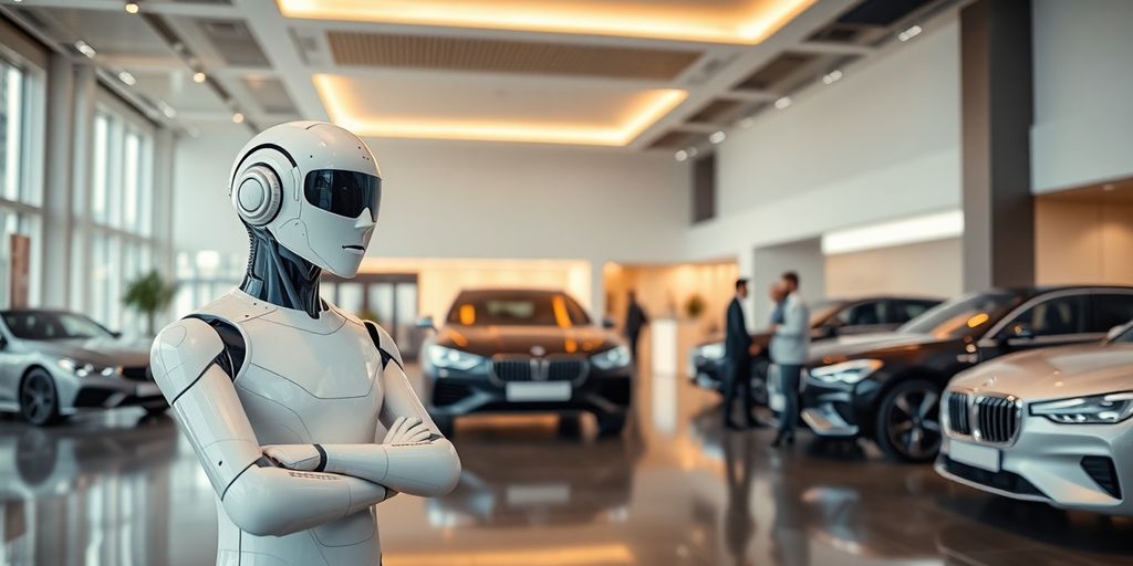 AI receptionist in a modern car dealership lobby.