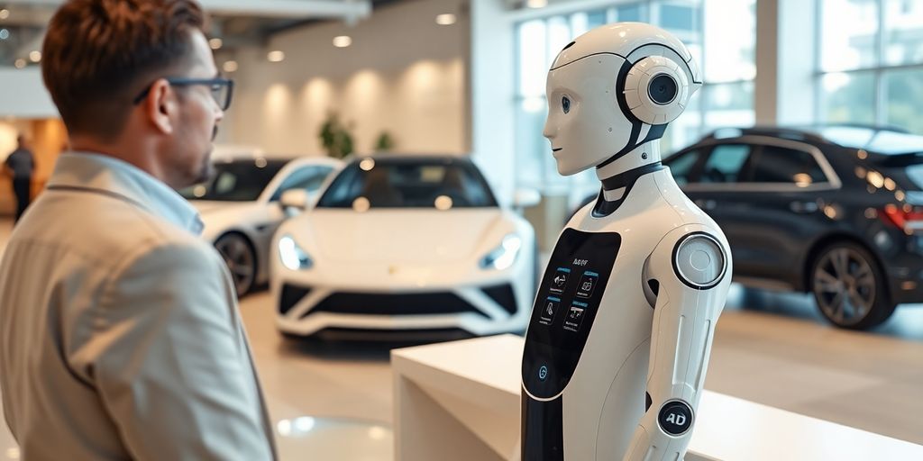 AI receptionist interacting with customers in a car dealership.