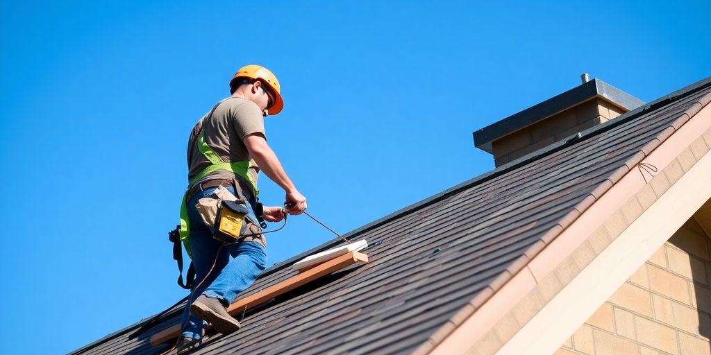 Roofer working on a sloped roof under blue sky.