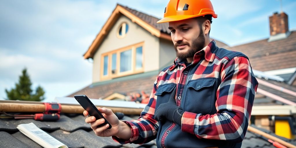 Roofer using smartphone with AI technology on site.