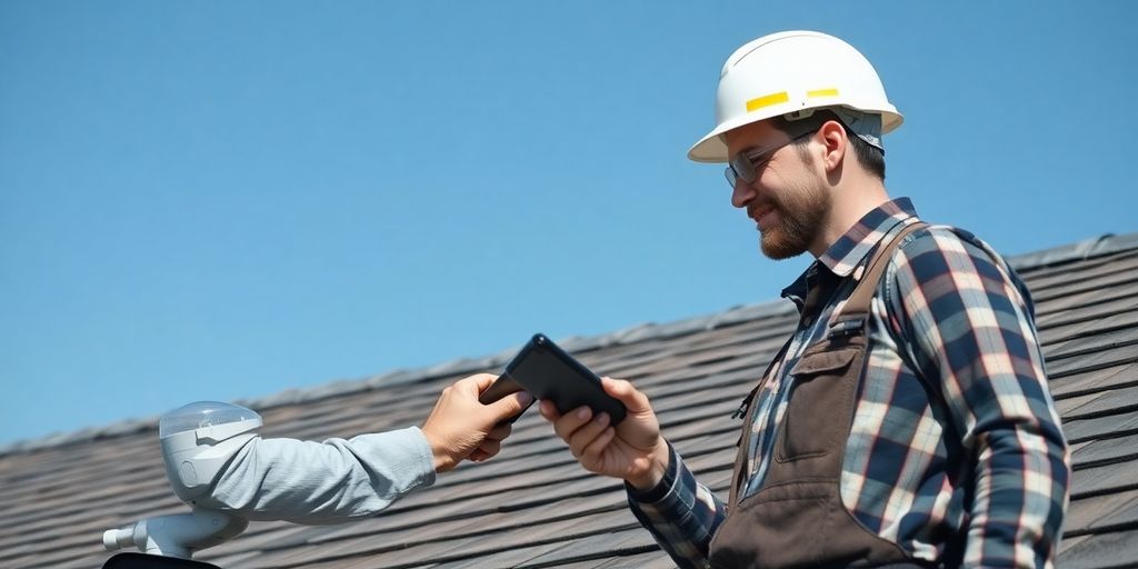 Roofer using AI technology on a rooftop.