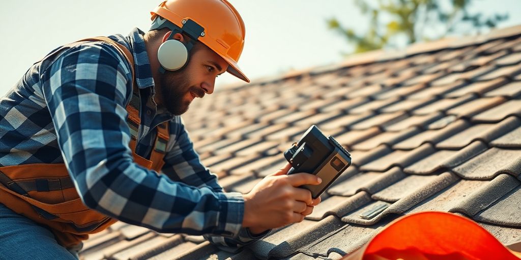 Roofer with AI tools on a sunny rooftop.