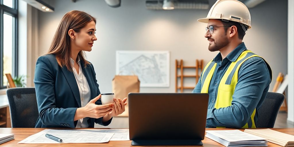 AI receptionist with roofing contractor in a modern office.