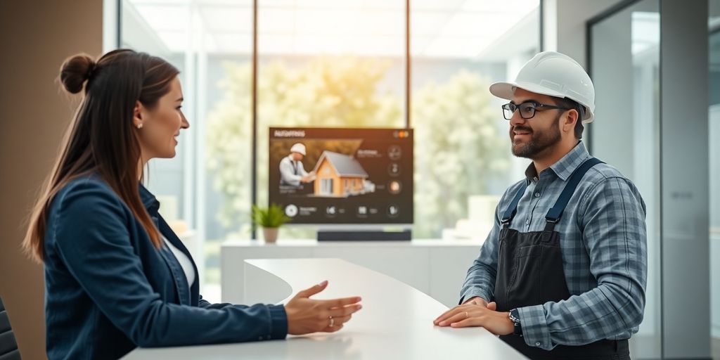 AI receptionist assisting roofing company contractor in office.
