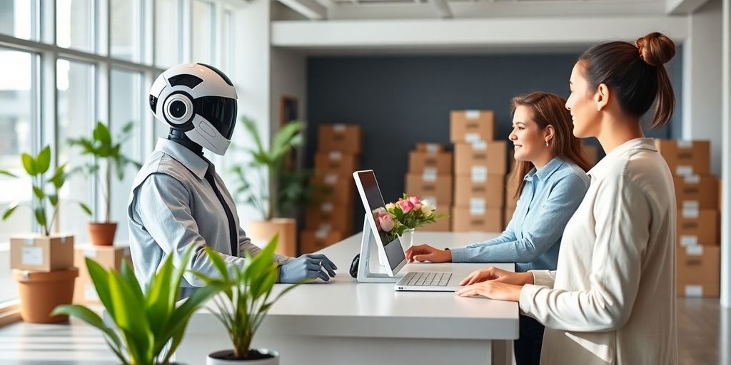 AI receptionist in a bright office with moving boxes.