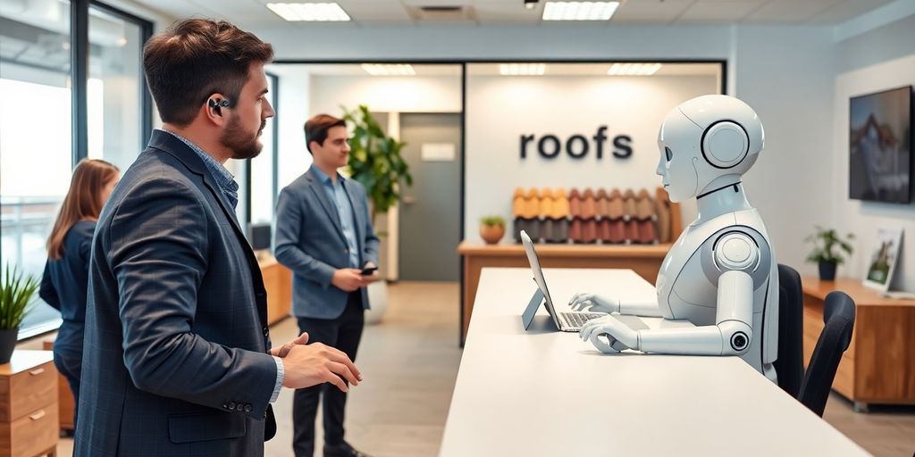 AI receptionist in a roofing company office setting.