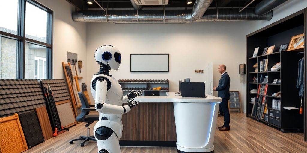 Humanoid robot receptionist in a modern office setting.