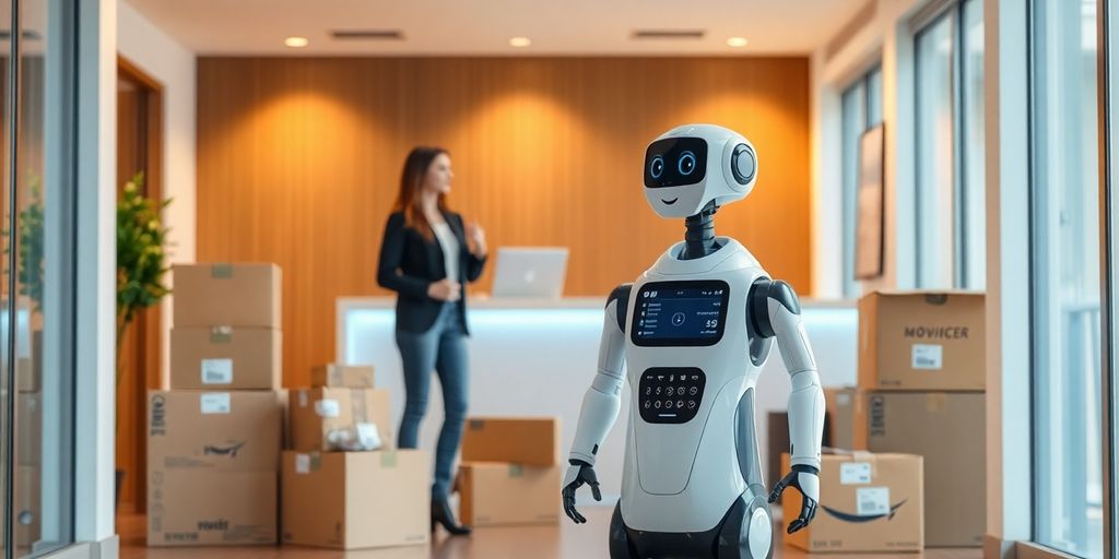 AI receptionist in a modern office with moving boxes.