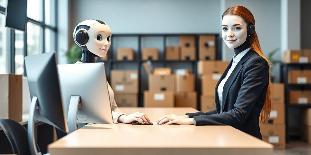 AI receptionist helping customers in a moving company office.