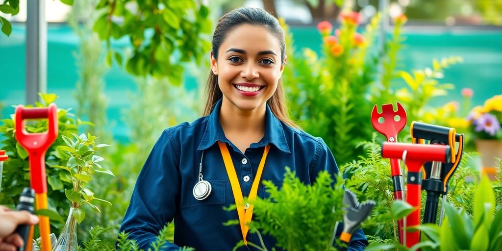 AI receptionist in a garden with landscaping tools.