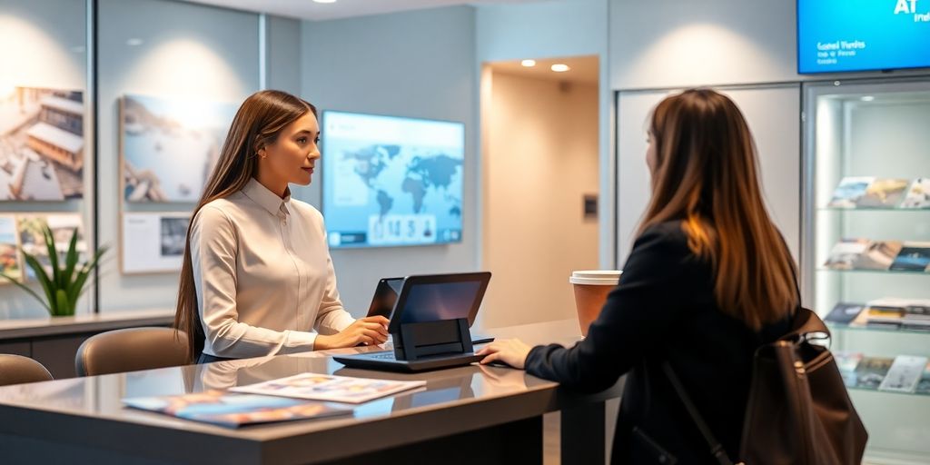 AI receptionist assisting clients in a travel agency.