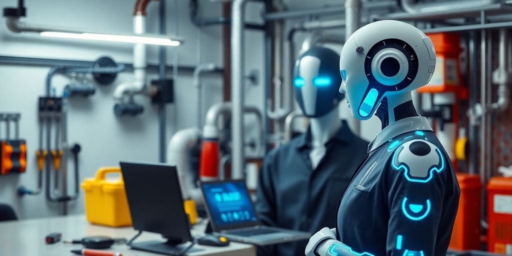 AI receptionist in a plumbing office with tools.