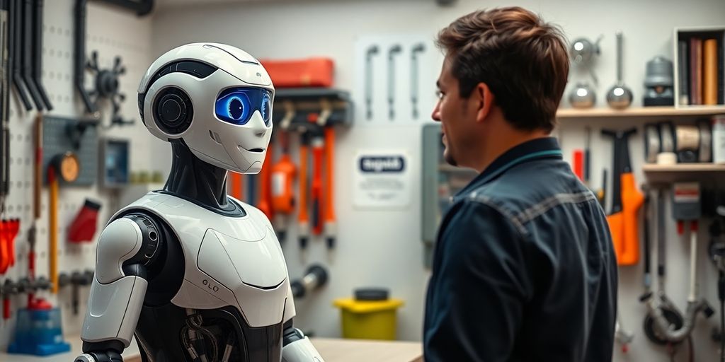 AI receptionist robot in a plumbing office setting.