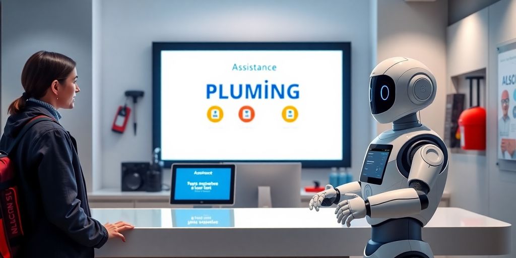 AI receptionist robot in a plumbing company office.