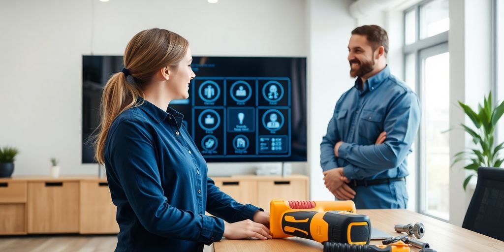 AI receptionist and plumber in a professional office setting.