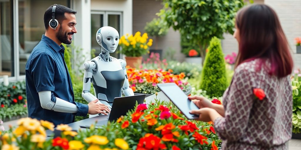 AI receptionist in a vibrant landscaping environment.