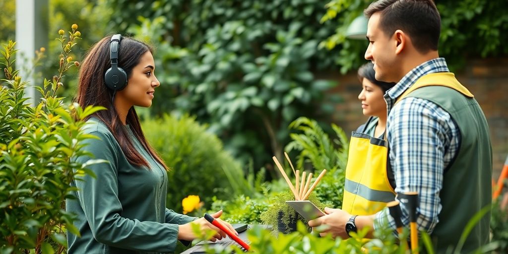 AI receptionist with landscaping team in a garden.