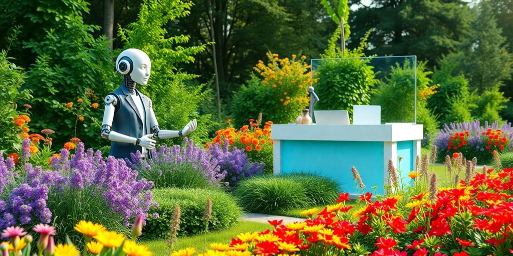 AI receptionist in a lush garden with vibrant flowers.