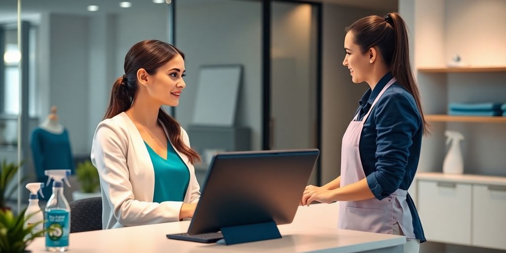 AI receptionist assisting cleaning service in a modern office.
