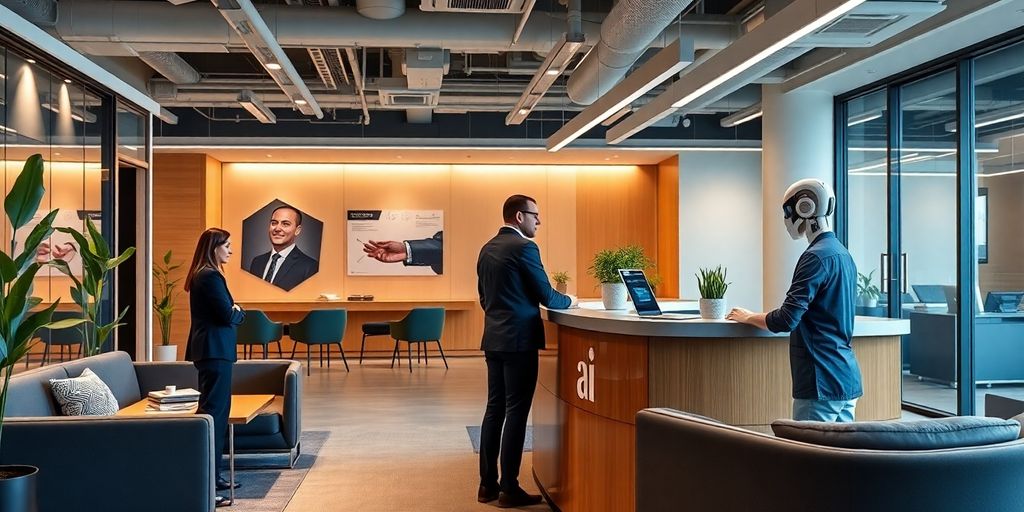 AI receptionist in a modern office welcoming clients.