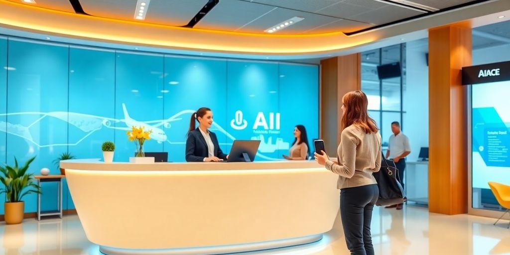 AI receptionist at a modern travel agency desk.