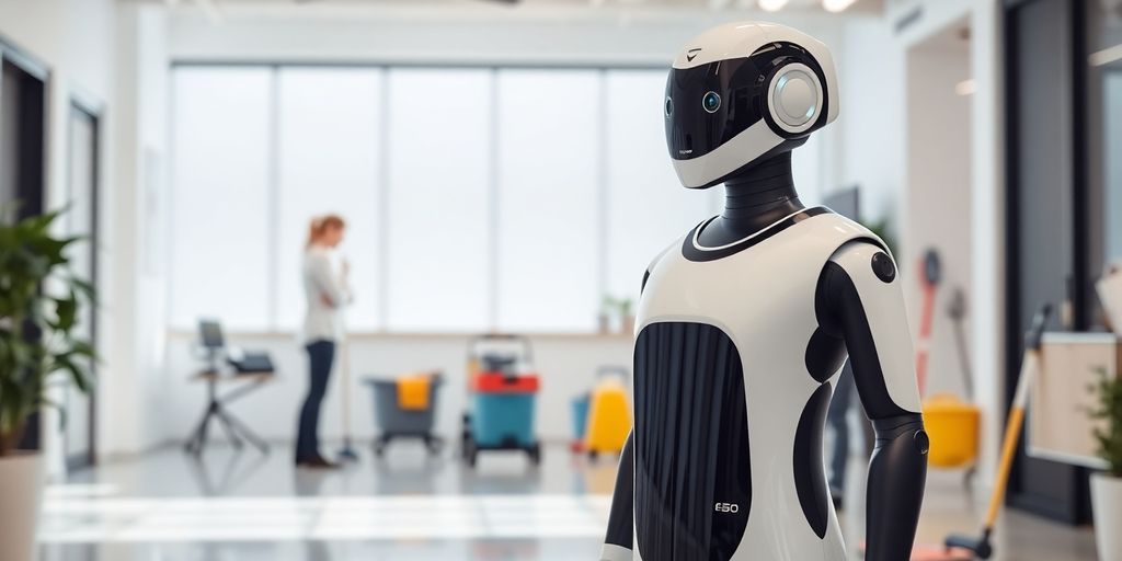 AI receptionist in a clean office with staff.