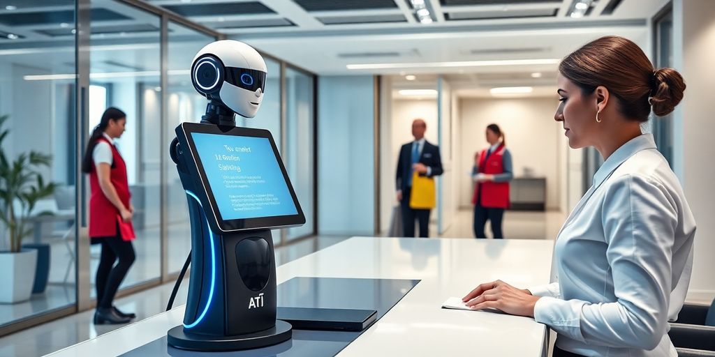 AI receptionist interacting with cleaning service staff in office.