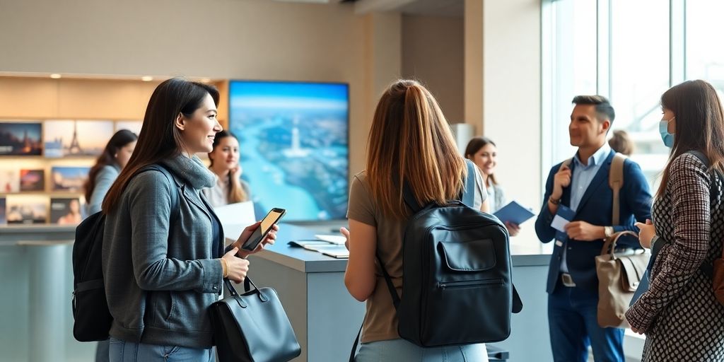 AI receptionist in a travel agency helping customers.