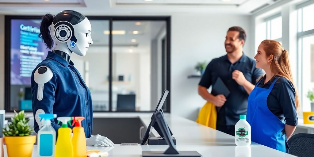 AI receptionist assisting cleaning staff in a bright office.
