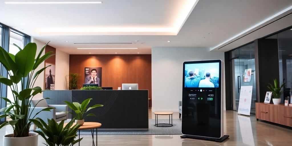 Modern AI receptionist in a vibrant office setting.