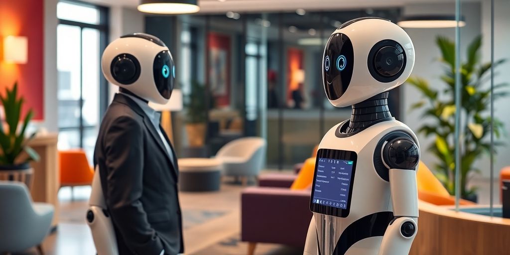 AI receptionist robot in a modern office environment.