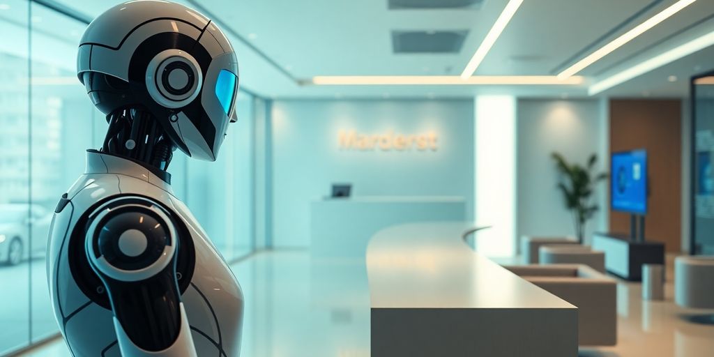 AI receptionist interacting in a modern office environment.