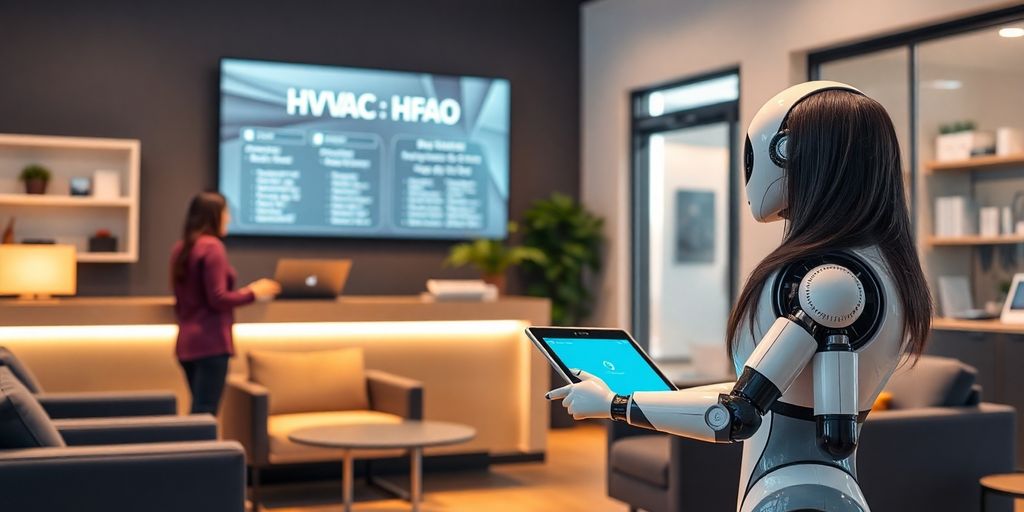 AI receptionist in HVAC service office, interacting with customers.