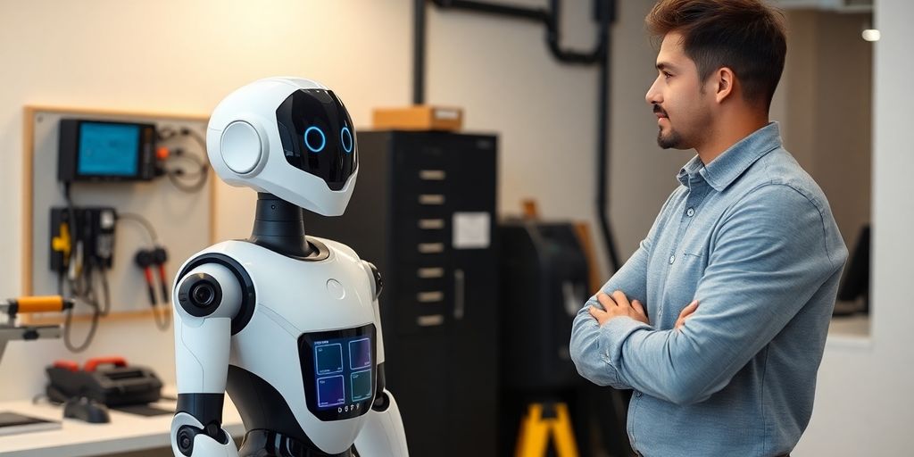 AI receptionist robot in an electrical contractor office.