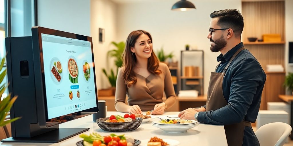AI receptionist assisting a caterer in a modern office.