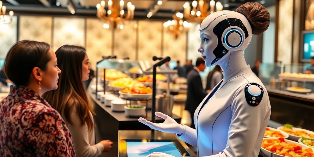AI receptionist in a catering setting with food displays.