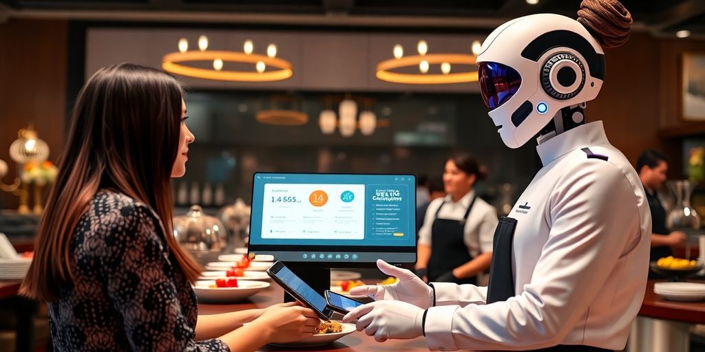 AI receptionist in a catering environment with digital interface.