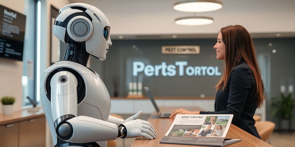 AI receptionist in a pest control office setting.