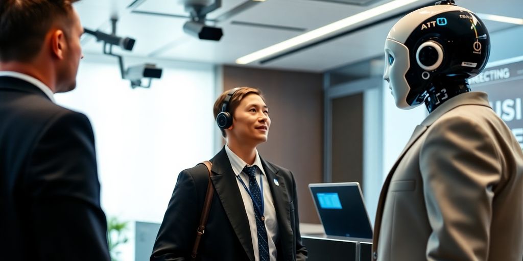 AI receptionist interacting with clients in a security office.
